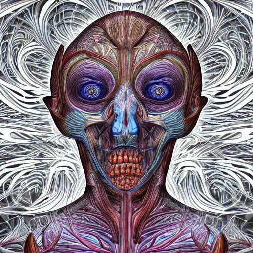 full anterior shot human anatomical render in the style of alex grey, with an ornate fractal background featuring eyes