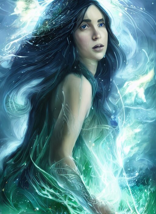 in the style of throne of glass book cover, whole body portrait of a young adult female magician casting a spell with fireballs in her hands, blue and green magic lights aura, a portal with elvish symbology opened, d & d, fantasy, highly detailed, digital art, trending on artstation, smooth, sharp focus, illustration, art by artgerm and hirokazu yokohara, greg rutkowski 