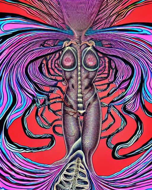 human body breaking away, conjuring psychedelic illustration, part by shintaro kago, part by alex gray, ultra realistic, highly detailed, 8 k, symmetry, fractals, grotesque, vibrant, 