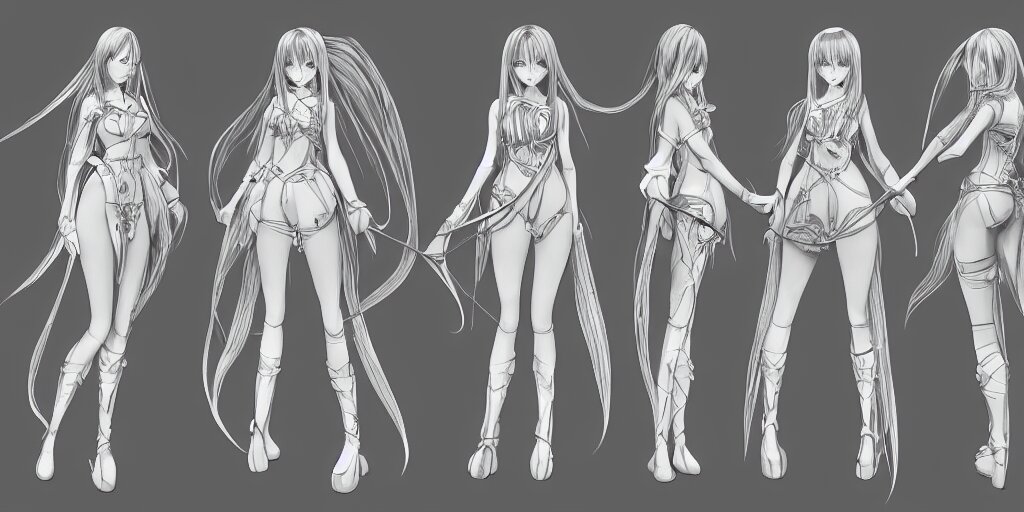 anime woman, long hair, fantasy theme, front side/back/view character sheet, three views, lineart, varying thickness, manga pen, traditional art, Indian ink, in the style of Final Fantasy IX, 3D modeling concept sheet, white background, orthographic view