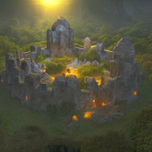 overhead RPG battlemap of a stone fort sitting above a swamp in the sunset, dramatic lighting by alan lee by peter mohrbacher, trending on artstation sharp focus vfx key shot