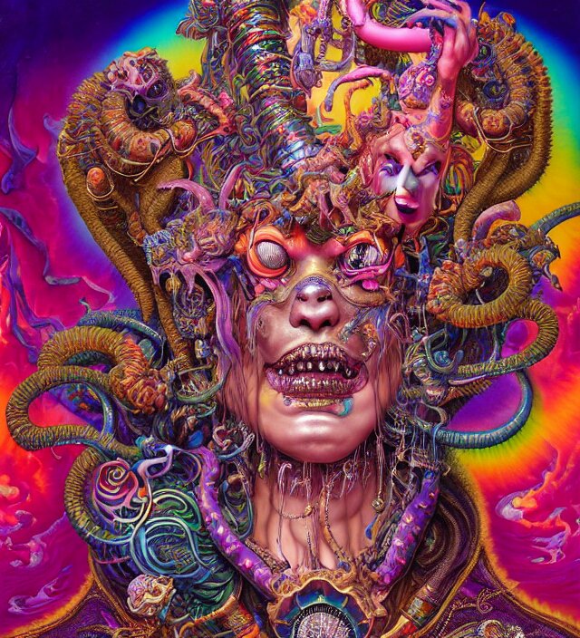 lisa frank blotter acid fantasy character portrait of kali ma, ultra realistic, wide angle, intricate details, dharma artifacts, aum, highly detailed by hr giger, peter mohrbacher, wayne barlowe, boris vallejo, hajime sorayama aaron horkey, gaston bussiere, craig mullins 