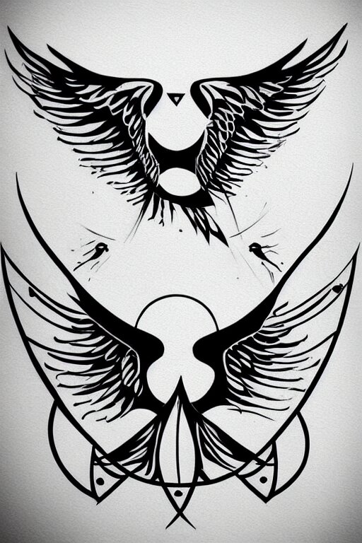 a beautiful tattoo design of minimalist flying swallows flying around geometric spirals, black ink, abstract logo, line art 