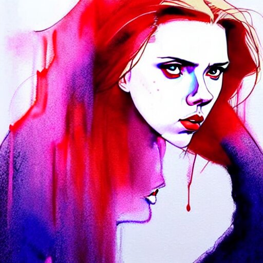 phil noto, pretty scarlett johansson black widow, symmetrical eyes, long red hair, full body, by agnes cecile and moebius and envi bikal, very luminous design, pastel colours, ink drips, autumn lights 