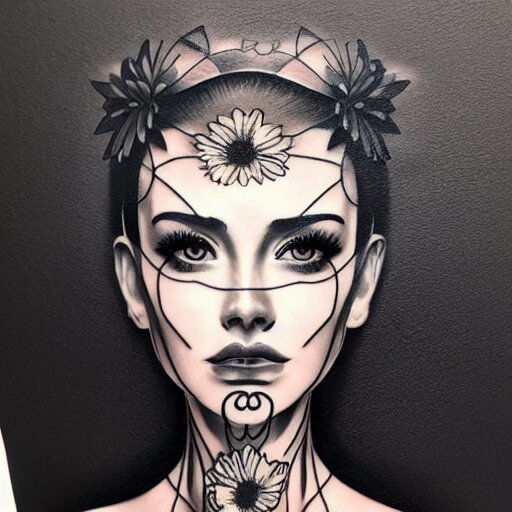 tattoo design, stencil, portrait of a girl by artgerm, symmetrical face, beautiful, daisy flower 