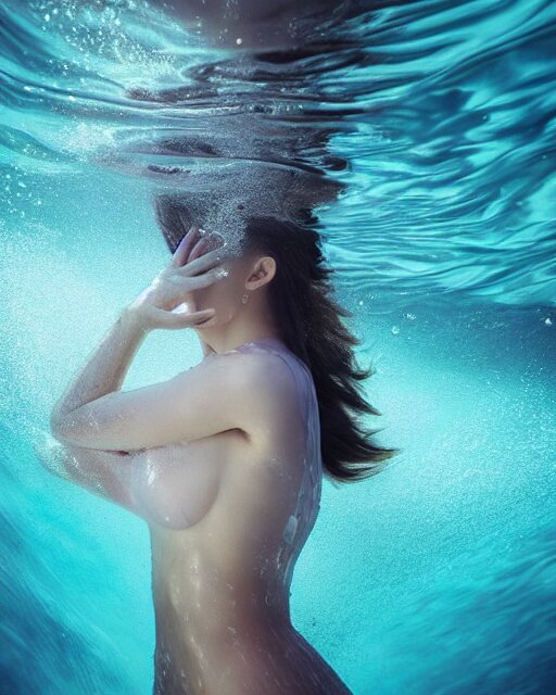 photo of beautiful woman underwater during sunrise, flowing fabric, sunrays, elegant, caustics, rippling water, photoshoot, haunting, iconic, masterpiece, sharp focus, art by  trending on artstation