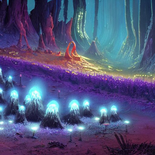 concept art painting of a fantasy alien fungal landscape at night, with glowing blue lights, glowing blue mushrooms, dark purple sky, realistic, detailed, cel shaded, in the style of makoto shinkai and greg rutkowski and albert bierstadt and james gurney 