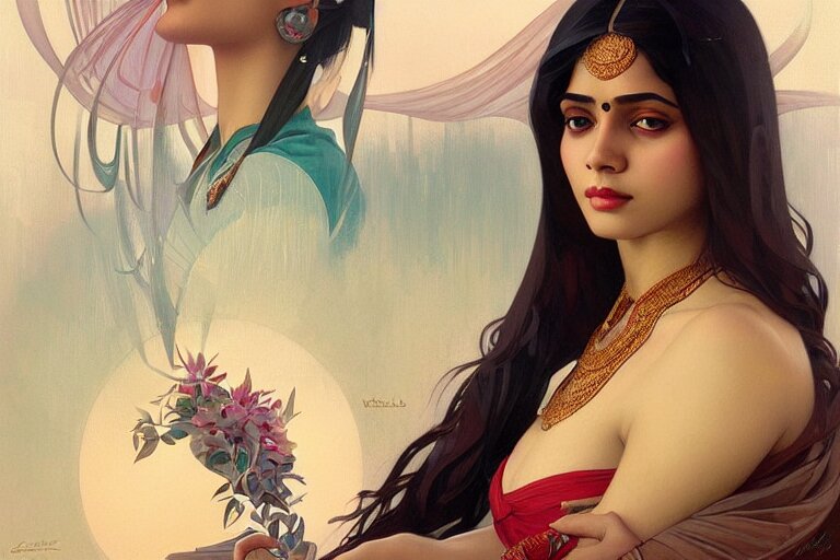 sensual bengali girl, art deco portrait, elegant, intricate, digital painting, artstation, concept art, smooth, sharp focus, illustration, art by artgerm and greg rutkowski and alphonse mucha 