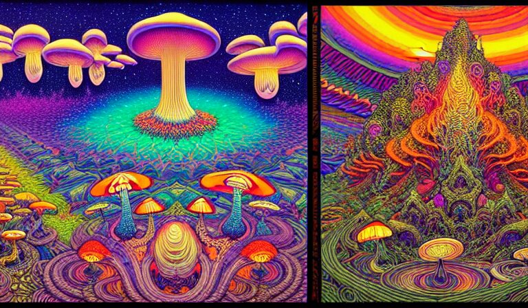 an expansive rendering of beautiful and complex oneness of all things by dan mumford, by jim fitzpatrick, by joe wilson, by jim burns, by victo ngai, by jacek yerka, surrounded with colorful magic mushrooms and rainbowcolored marihuana leaves, insanely integrate, featured on deviant art, trending on artstation 