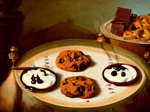 opulent banquet of plates of freshly baked chocolate chip cookies, jelly beans, chocolate sauce, marshmallows, highly detailed, food photography, art by rembrandt 