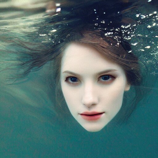 pale face lying under the water, water lilys, cinematic, shallow depth of field, atmospheric, ultra high detail, somber colors, close up of face, trending on artstation 