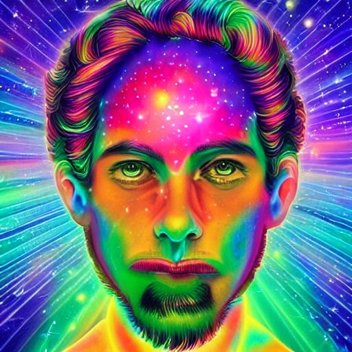 A man's soul becoming one with the galaxy by lisa frank, space, vibrant, colorful, digital art, peaceful, dmt, psychedelic,