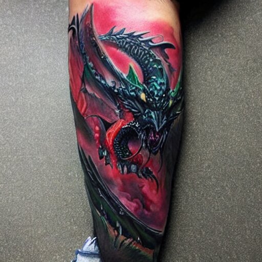 dark and vibrant fantasy dragon!!! drake wyvern, black and emerald dragon!!, forearm tattoo