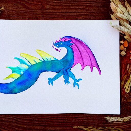 mystical pastel dragon, minimalist watercolor on white paper, cute