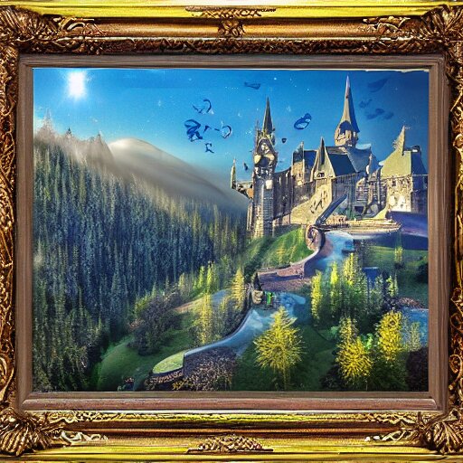 magical academy on a mountain, town below, mist, mystical, happy, sunshine, realistic, by bagshaw, tom 