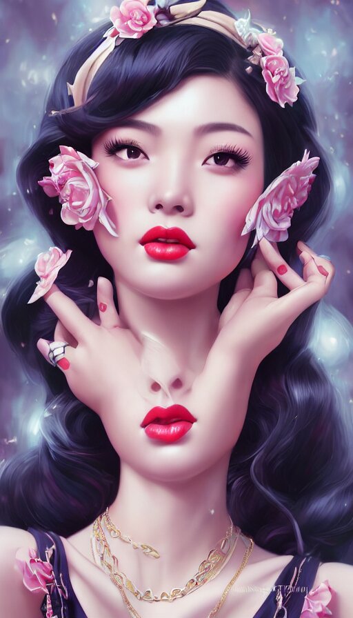 a pin up and beautiful fashion and charming and dreamlke asian girl with lv jewelry, medium shot, art by artgerm & ross tran & wlop, hyperdetailed, 8 k realistic, symmetrical, frostbite 3 engine, cryengine, dof, trending on artstation, digital art 