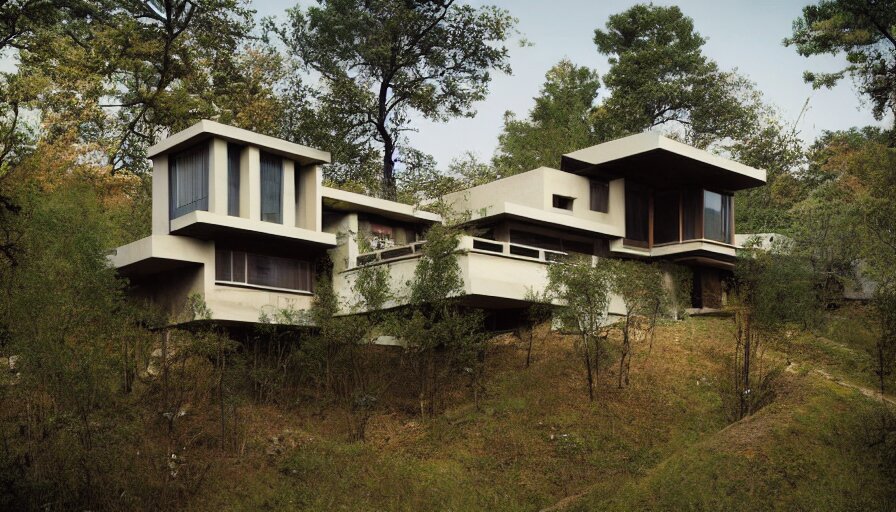 small modern house, tibetan inspired architecture, on a green hill between trees and big boulders, frank lloyd wright, photorealistic, cyberpunk 