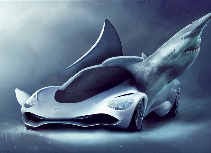 beautiful concept design of a car that looks almost like a fish, a shark or a whale. car design by cory loftis, fenghua zhong, ryohei hase, ismail inceoglu, ruan jia, henrik fisker, bruce kaiser, scott robertson, dmitry mazurkevich, doruk erdem, and jon sibal. volumetric light 