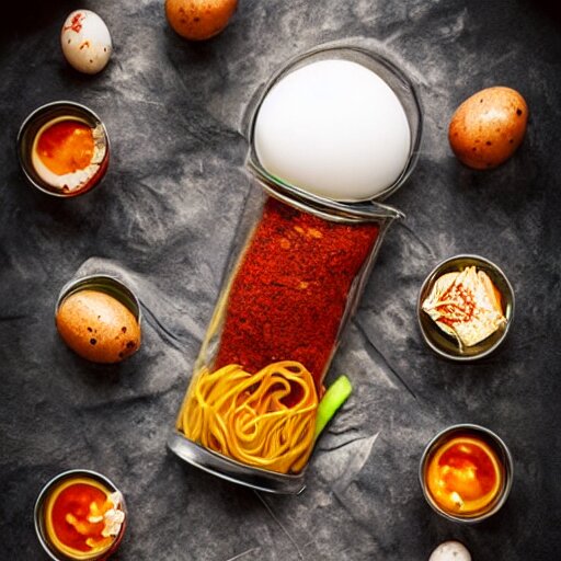 art anime food in a flask with a cork inside a glass cone, spicy, noodles, cyberpunk, egg, paprika, potatoes, meat, cooked, hot sauce 