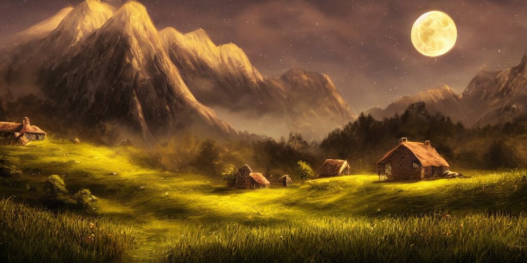 Grassy fields with large mountains in the distance, small cottage in the foreground, nighttime, moon in the night sky, landscape wallpaper, d&d art, fantasy, painted, 4k, high detail, sharp focus