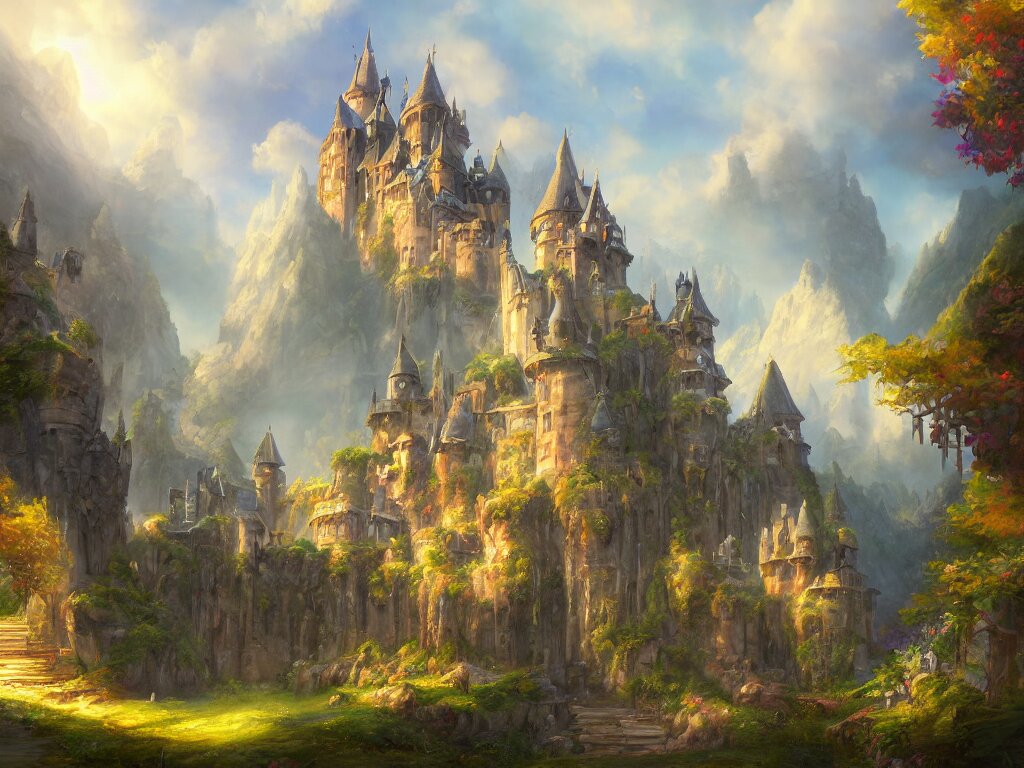 a beautiful masterpiece painting of a castle in a fantasy landscape by tyler edlin, perfect fine weather, summer, award winning, trending on artstation, 