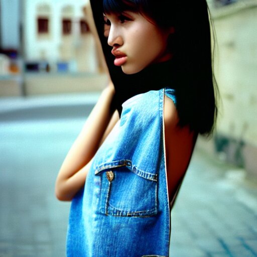 she, amazing, snapshot of, face, eyes, hair, neck of beautiful, fashionable, elegant, conservative, young, uzbek, fashion model and student, slender, tank top, denim shorts. image quite stunningly complex. nikon fm 2 film blow - up 