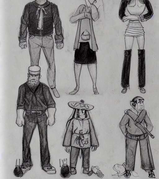 full page scan of many character design sketches. young man,  young mother, man with beard. Everyone has pale grey eyes. sailor caps, German, tapa, simple clothing.  in the style of Jillian Tamaki and Richard Corben. costume designs, pleasant faces, nature colors