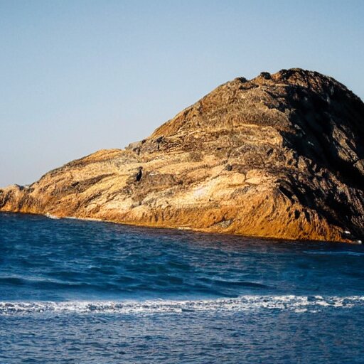 a mountain and the sea, a little house in the middle of the sea 