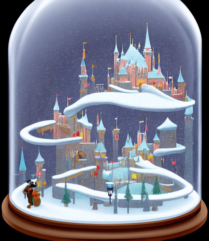 an achingly beautiful print of one cylindrical snow globe with disneyland inside by raphael, hopper, and rene magritte. detailed, proportional, romantic, vibrant, enchanting, trending on artstation 