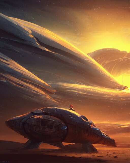 legendary space ship, ice fish shape, desert planet, cinematic, highly detailed, scifi, intricate digital painting, sunset, red glow, illustration, artstation, by johnson ting, jama jurabaev 