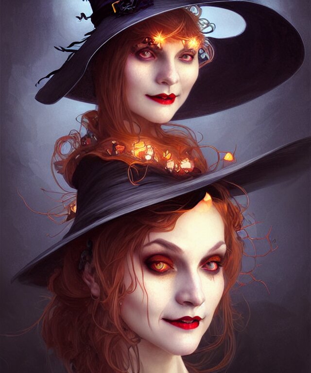 halloween witch woman in a hat smiles, fantasy magic, undercut hairstyle, dark light night, intricate, elegant, sharp focus, illustration, highly detailed, digital painting, concept art, matte, art by wlop and artgerm and greg rutkowski and alphonse mucha, masterpiece 