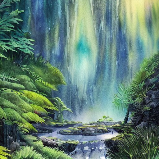 beautiful lush imposing natural scene on another planet. different than earth but beautiful. lightfall. beautiful detailed artistic watercolor. trending on artstation and deviantart. 