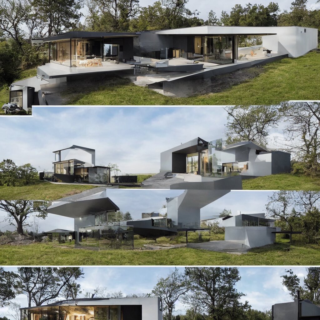 hybrid modern home mixed with a drone, a drone home, hovering over a field 