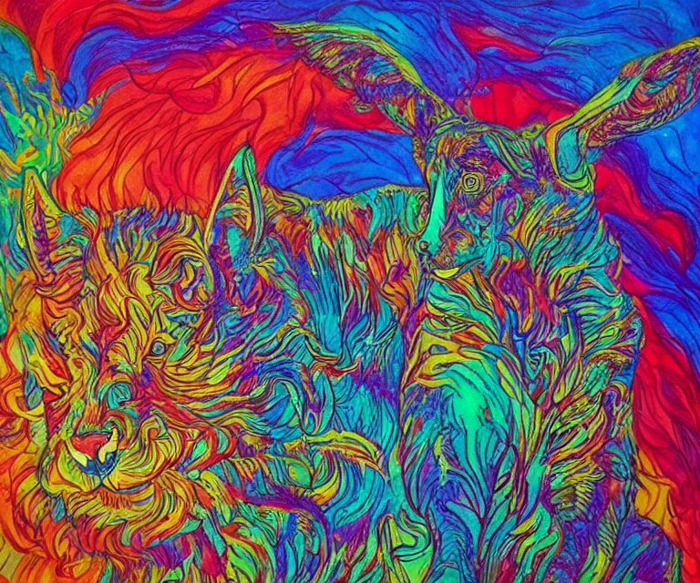 the wildest dream, vivid colors, golden hour, psychedelic art, magical creatures 