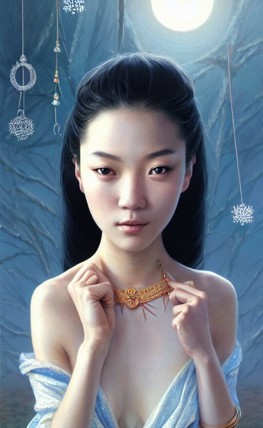 a beautiful young charming asian goddess with sundress + jewelry + shinny eyes | | winter, symmetric, realistic shaded, unpleasant face, good looking, fine details, dior, lv, realistic shaded lighting poster by greg rutkowski, macoto takahashi, magali villeneuve, artgerm, jeremy lipkin and michael garmash 