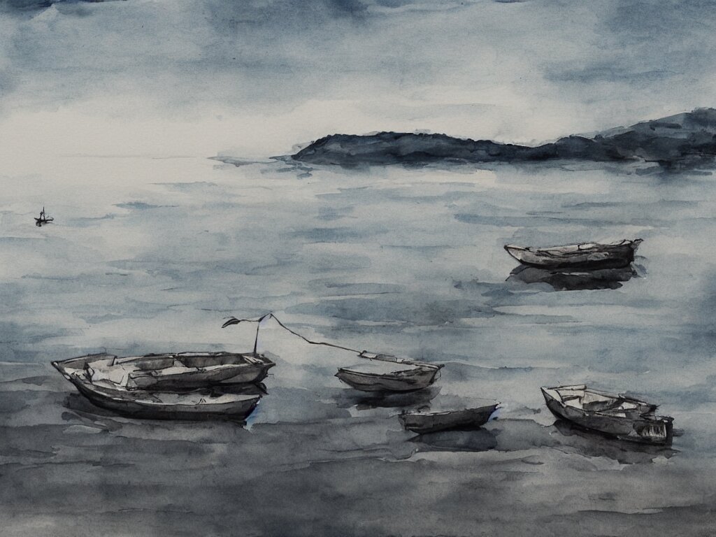 a boat is parked on the lake, there is only one person on the boat fishing, cinematic landscape ， natural light, ink painting 