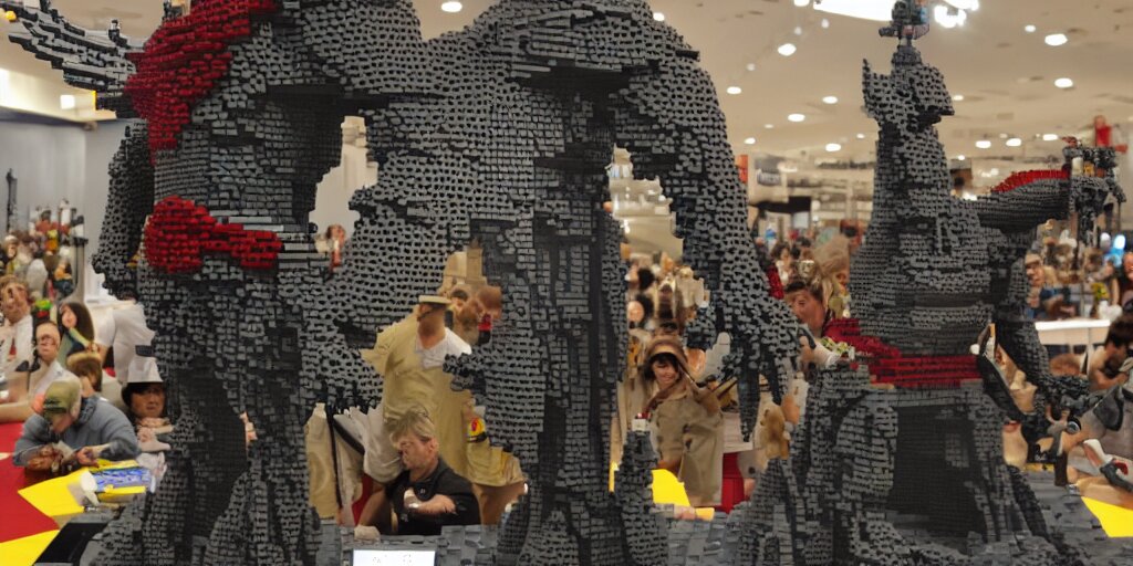 wide shot lens photo of a very intricately detailed and epically shaped 2. 5 meter tall assassin creed lego statue designed by a master builder as displayed at a lego convention, low angle shot. 