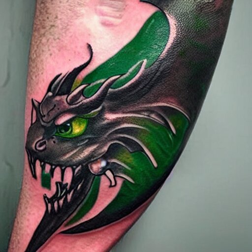 forearm tattoo of a dragon with a green emerald in its mouth, dark and vibrant forearm tattoo