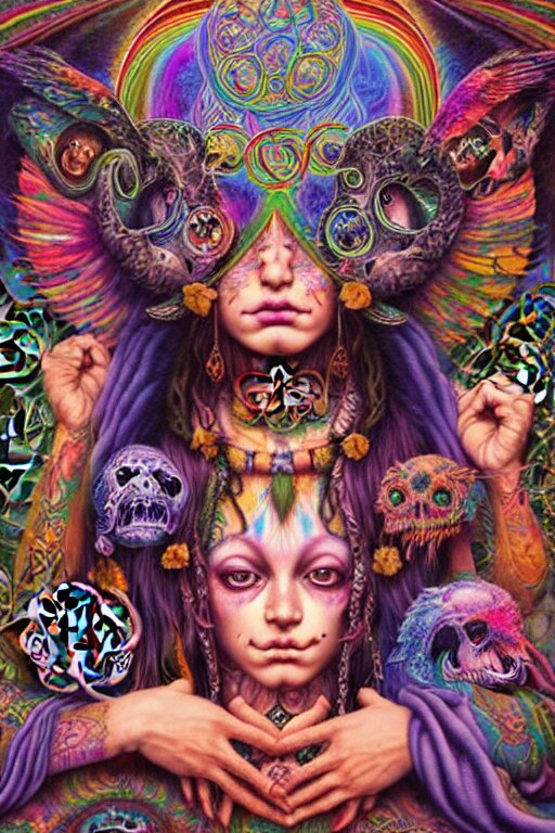 psychedelic shaman, lisa frank, wearing celtic tattoos, inside an epic, ancient temple, ayami kojima, greg hildebrandt, mark ryden, hauntingly surreal, eerie vibrating color palette of charlie immer, highly detailed painting by, jenny saville, soft light 4 k 
