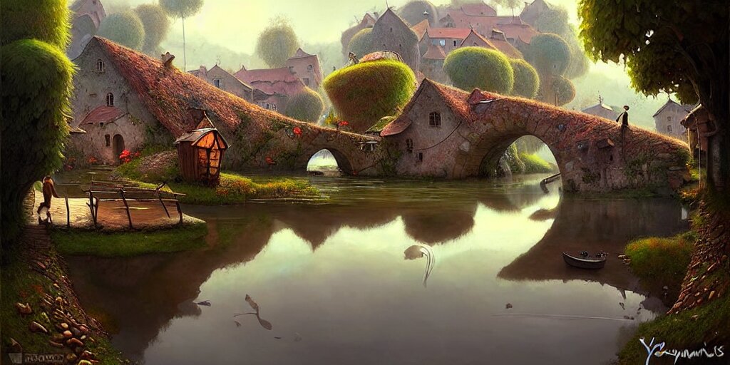  amazing detailed village with a river, water, reflection, stone bridge, art by Yohann Schepacz, art by Gediminas Pranckevicius, art by Esao Andrews