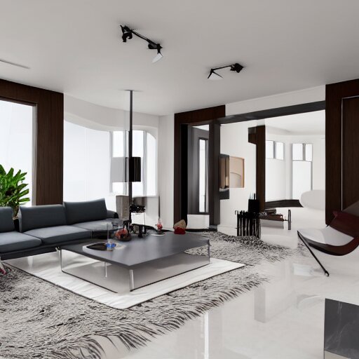 A modern living room with 2 sofas facing each other with a white marble table in the center, on the left side of the living room there is a floor to ceiling glass window while on the right side of the living room there are wooden stairs that lead to the second floor, 8k resolution