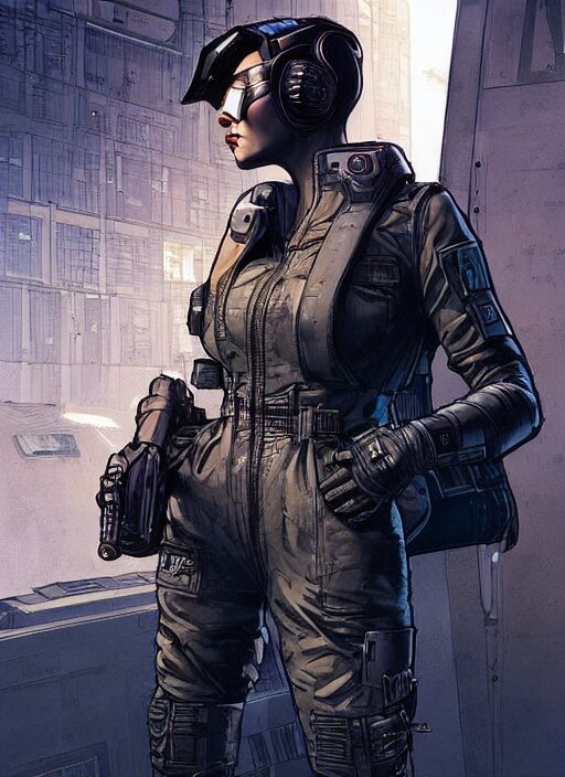 feminist selina. gorgeous female cyberpunk assassin wearing a military vest, and tactical jumpsuit. gorgeous face. realistic proportions. concept art by james gurney and laurie greasley. moody industrial skyline. artstationhq. creative character design for cyberpunk 2 0 7 7. 