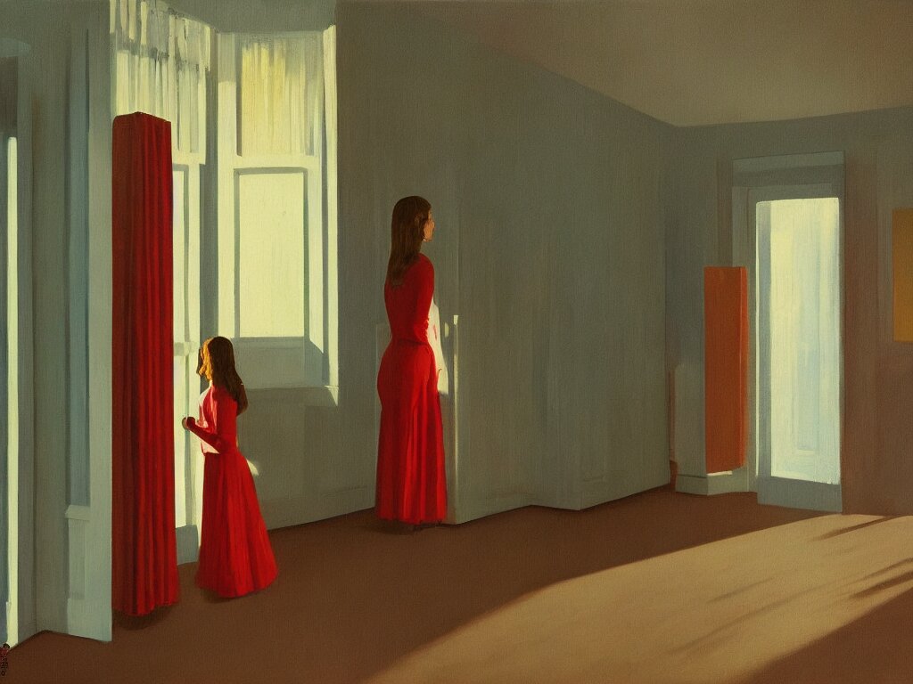 lone girl waiting inside a room, 7 0 s, stanley kubrick the shinning, american gothic, vibrant colors americana, cinematic, volumetric lighting, ultra wide angle view, realistic, detailed painting in the style of edward hopper and rene magritte 