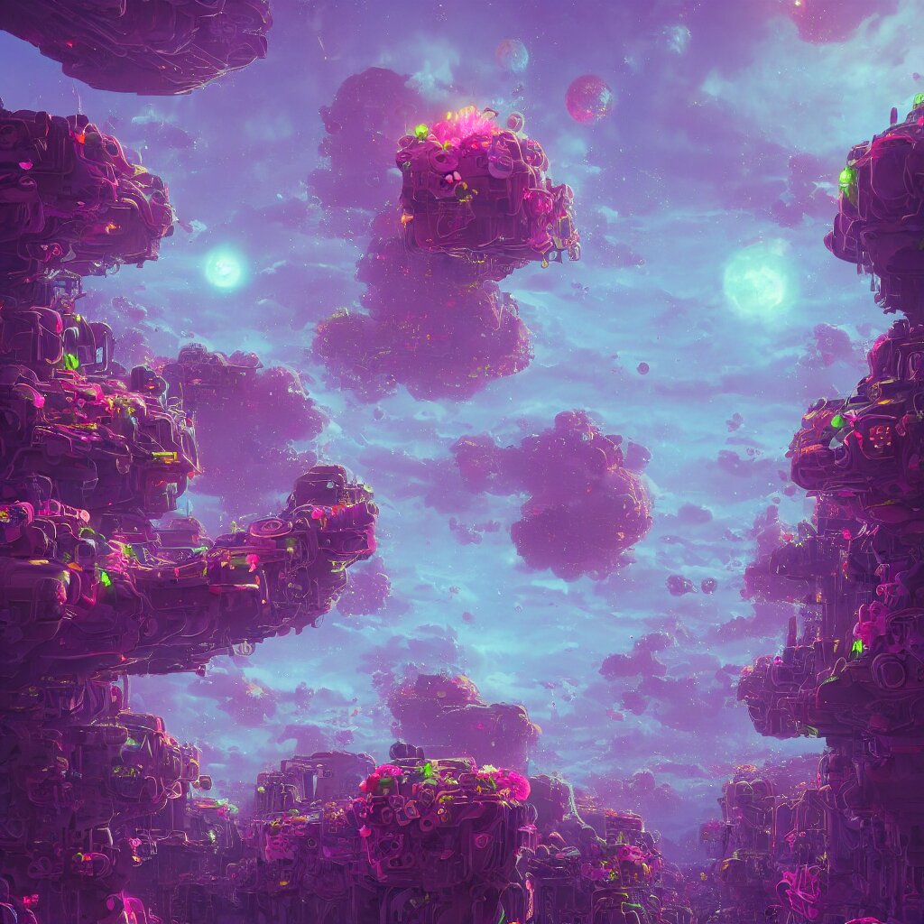 concept art, a world full of life divine thrill of the biological tranquil sky, atoms floating, cosmic horror, gothic harts, flowers, artwork by beeple and lisa frank, fantasy art, high - detailed, 8 k, uhd 