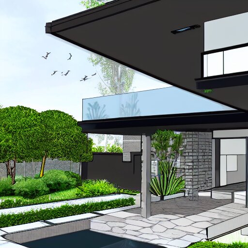 an architectural drawing of a modern house with a courtyard, detailed, lush, 