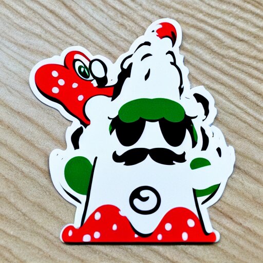 die cut sticker, yoshi wearing mario's mustache, splatter paint 