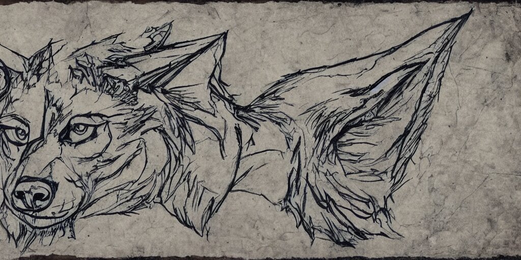 face of a wolf in the style of a medieval fantasy map, mountains, forests.  Skyrim, Lord of the Rings map, Zelda Breath of the Wild map, drawing on parchment