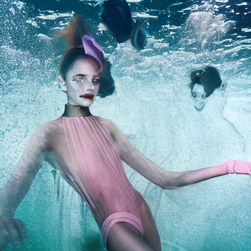 medium format photograph of a surreal fashion shoot underwater 