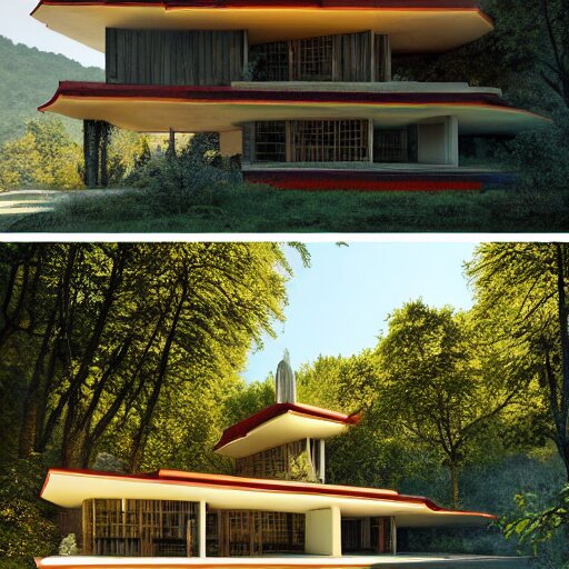 modernist house inspired by a tibetan palace on a hill, big green trees, colorful clouds, dramatic lighting, artstation, matte painting, raphael lacoste, simon stalenhag, frank lloyd wright, zaha hadid 