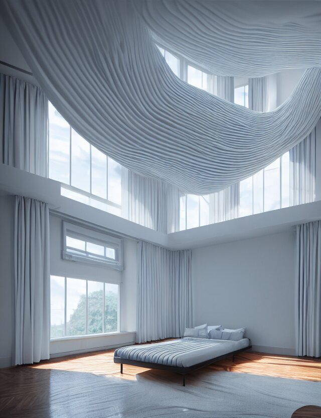 an ultra wide angle photo of a bed hovering above the floor in the middle of a giant ultra modern room with windows opening to multiple dimensions by casey weldon and lee madgewick, photorealistic, octane render, recursive, flowing, cascading, multiverse, labyrinthine 